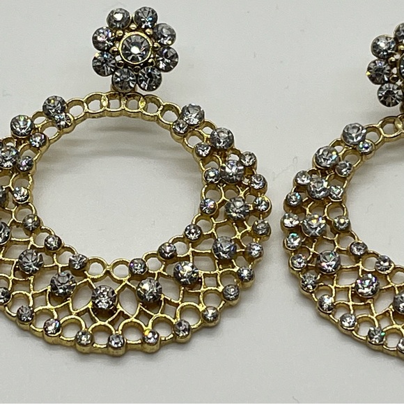 Gold Tone Rhinestones Dangle Drop Filigree Openwork Circle Hoop Fashion Earrings - Picture 6 of 8